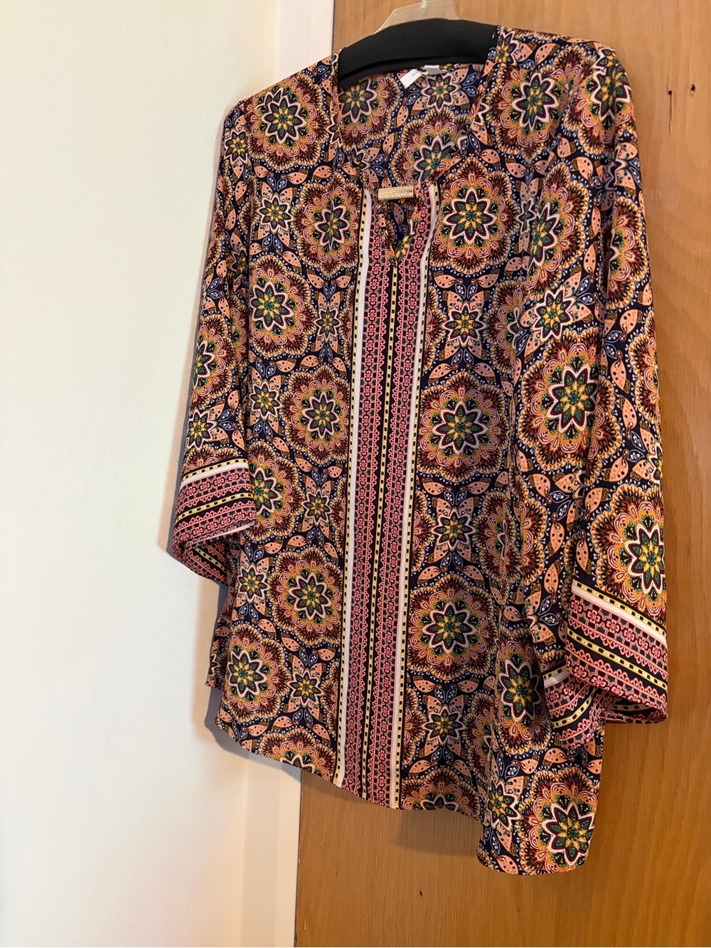 Open-Front Floral Medallion Blouse in Pink and Navy